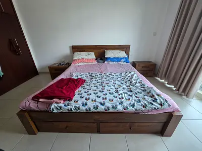 Solid Wood King Bed with Headboard and side drawers + Dressing cabine- Good Condition