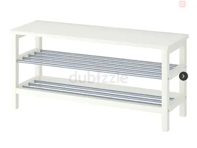 Used Ikea White Wooden Shoe Bench with Metal Slatted Shelves