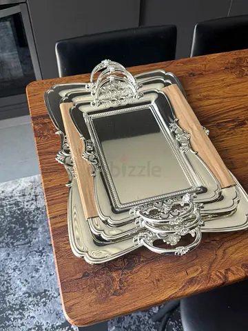 Set of 3 Decorative Silver Serving Trays with Handles