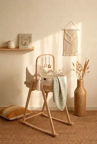 Natural Wooden Baby Bassinet with Rocking Stand