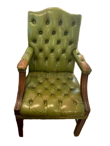 Vintage Green Leather Tufted Armchair with Wood Frame