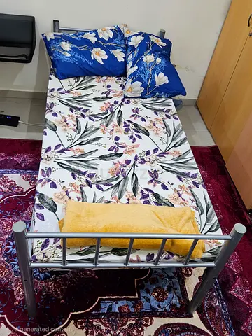 Single Metal Bed with Floral Mattress and Bedding - Good Condition