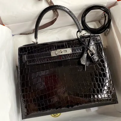 Hermes Kelly Sellier 28 In Black Crocodile Niloticus Shiny Skin