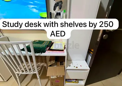 Study desk with shelves - compact white desk with storage (250 AED)