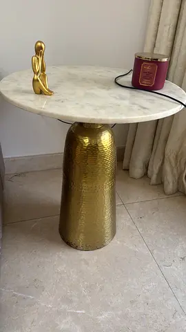 Modern Marble Top Side Table with Hammered Gold Base