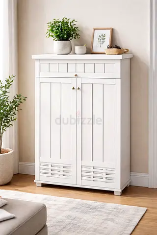 Modern White Wooden Shoe Cabinet with Drawer – 2 Door Storage Organizer with 4 Shelves for  home