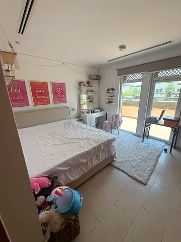 Queen size bed with headboard, mattress included, desk, chair, and large rug. All in good condition,