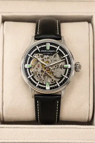JD Automatic Skeleton Mens Watch Omega Leather Strap