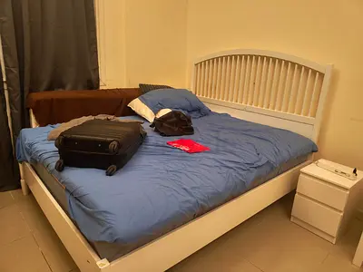 White Wooden Double Bed with Headboard - Good Condition