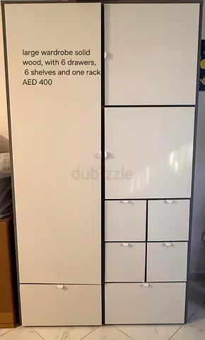 Large solid wood wardrobe with 6 drawers and shelves - white