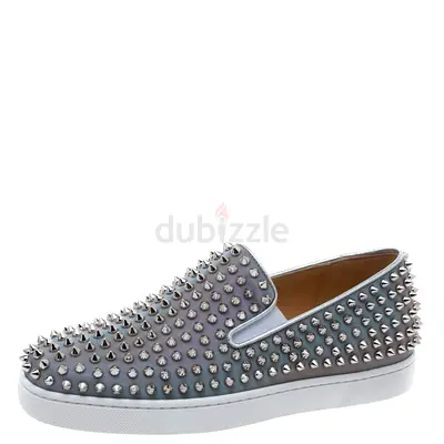 Christian Louboutin Metallic Silver Leather Roller Boat Spiked Slip On Sneakers Size 40