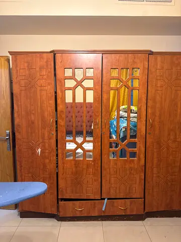Wooden 4-Door Wardrobe with Mirrors — Good Condition