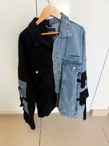 Statement piece black and blue denim jacket with pockets cargo style