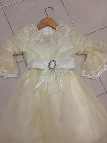 butter yellow baby girl party dress with satin bow and brooch
