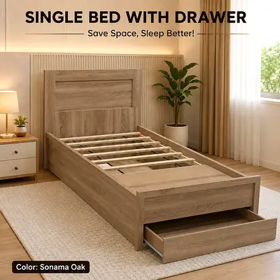 Wooden Single Bed with Storage Drawer – Sonoma Oak Space Saving Bed Frame For UAE Homes