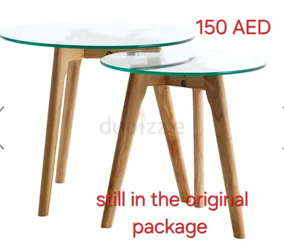 Set of 2 Glass Top Side Tables with Wooden Legs - New in Package