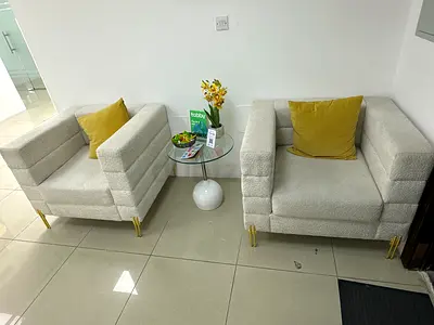 Pair of Modern Bouclé Armchairs with Gold Legs - Light Beige
