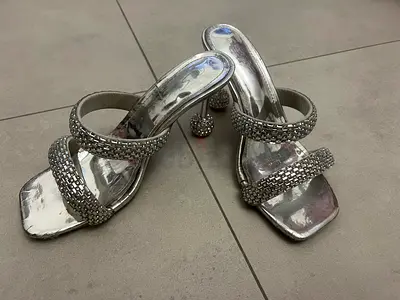 Silver strappy high-heel sandals with crystal detailing, size 38