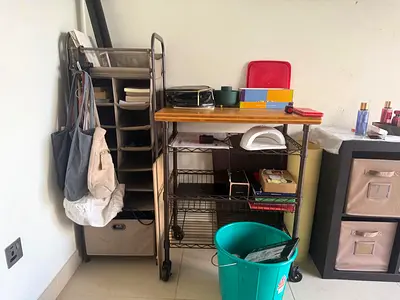 Metal storage trolley and organizer shelves - good used condition