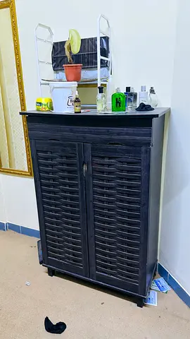 Wooden Shoe Cabinet with Louvered Doors - Dark Grey, Good Condition