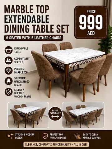 Marble Top Extendable 6-Seater Dining Table with 5 Leather Chairs