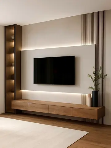 Minimalist Wall-Mounted TV Unit with Floating Console and Tall Display Shelf