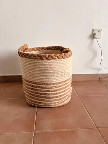 Handwoven Round Storage Basket - Beige Striped