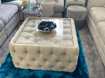 Square Tufted Ottoman Coffee Table with Glass Top - Cream