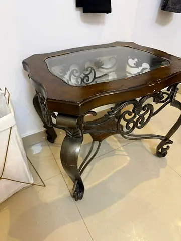 Wooden  Wrought Iron Side Table with Glass Top