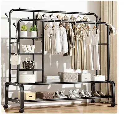 Double-Rail Clothes Rack, Multifunctional Heavy-duty Garment Rack with Wheels, Hanger with Side Hook