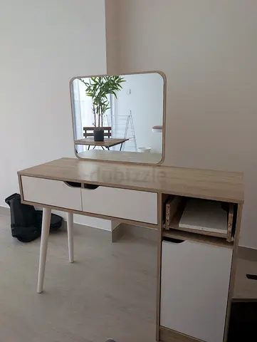 IKEA-style dressing table with mirror and storage - light wood/white