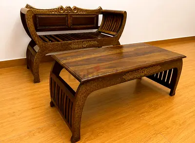 Antique Solid Wood Sofa With Coffee Table