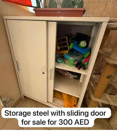 White Steel Storage Cabinet with Sliding Doors - Good Condition