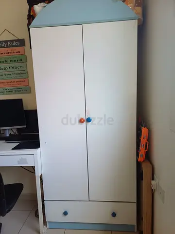Childrens Wooden Wardrobe / Nursery Closet - White  Blue