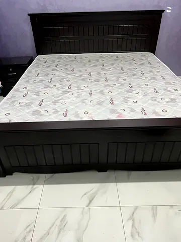 Queen size wooden bed frame with mattress - dark brown