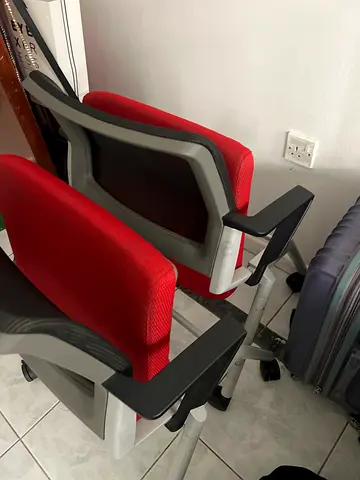 Set of 2 Red Office Chairs with Armrests and Wooden Teak Table - Good Condition