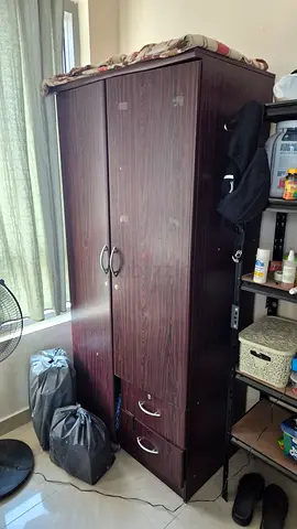 Dark wood 2-door wardrobe with drawers - good condition