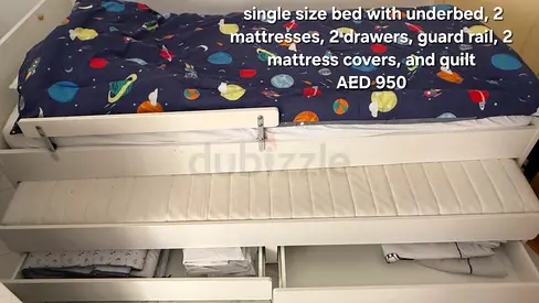 Single size bed with underbed, 2 mattresses and storage - good condition