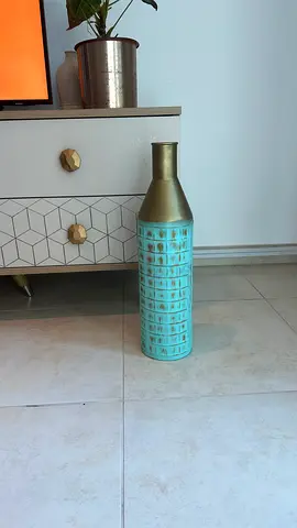 Tall decorative metal floor vase - turquoise with gold neck