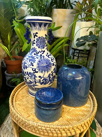 Set of luxury decorative blue ceramic vases and planters