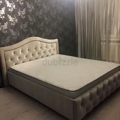 Queen size upholstered bed frame - light grey, tufted headboard