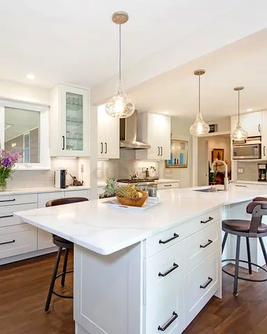 White Kitchen Island with Storage Drawers and Breakfast Bar