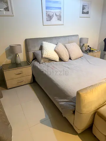 The One- upholstered super king bed with 2 x bedside tables - light grey set. Large Grey Mirror.