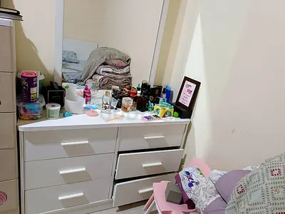 Bed with White 6-drawer Dresser with Mirror - Good Condition