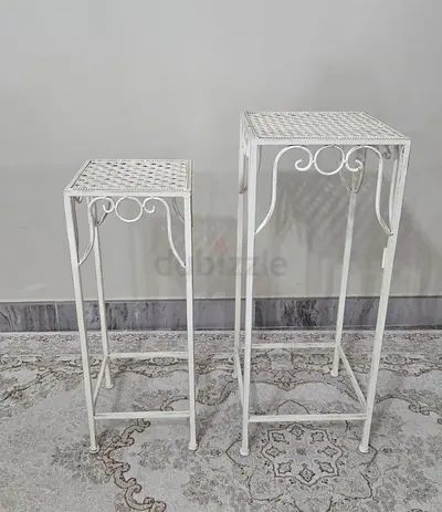Set of 2 White patina Metal Plant Stands / Pedestals