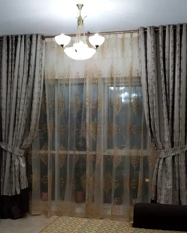 Full-Length Decorative Curtains Set with Sheer Panels - Light Grey  Gold