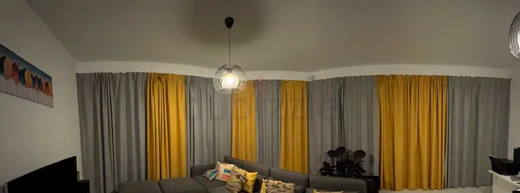 Set of Grey and Mustard Floor-to-Ceiling Curtains with decorative and textile ties