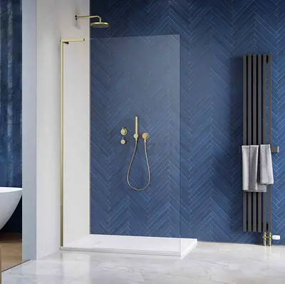 Modern Walk-in Shower Panel with Brass Fixtures