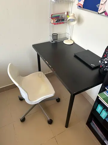 Black study desk with white swivel chair - good condition and study lamp