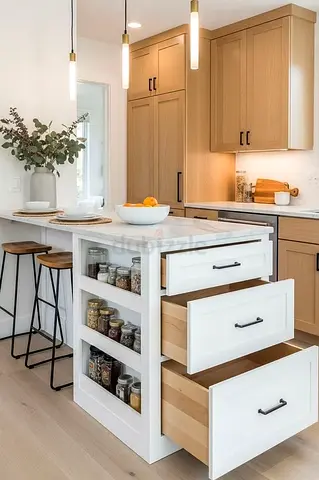 Solid Wood Kitchen Island with Storage Drawers and Open Shelves